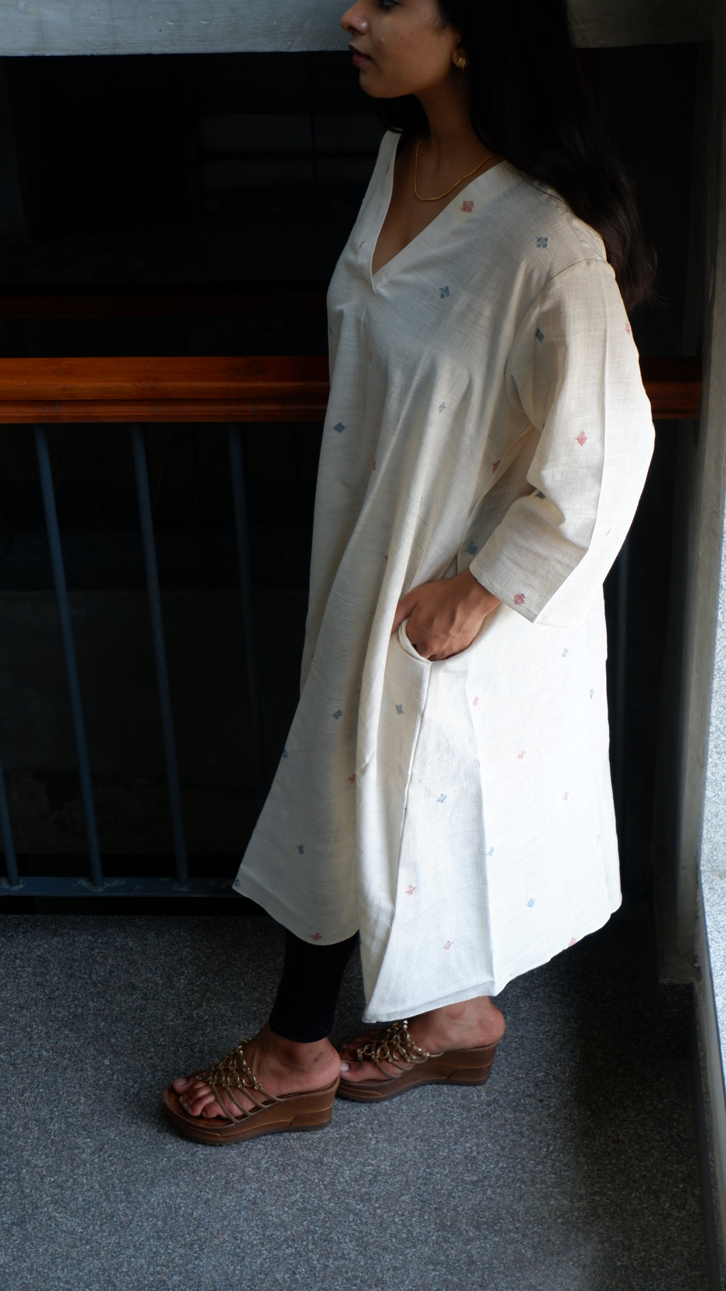 White Handloom A-line Long Kurta