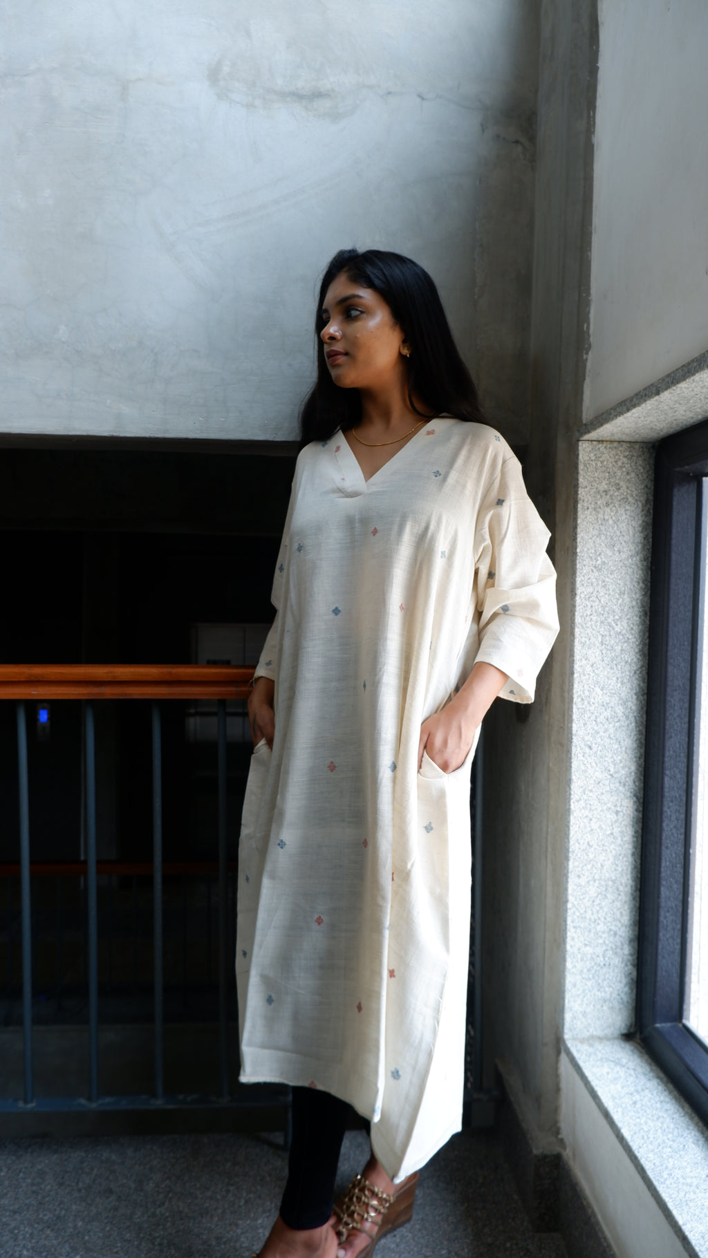 White Handloom A-line Long Kurta
