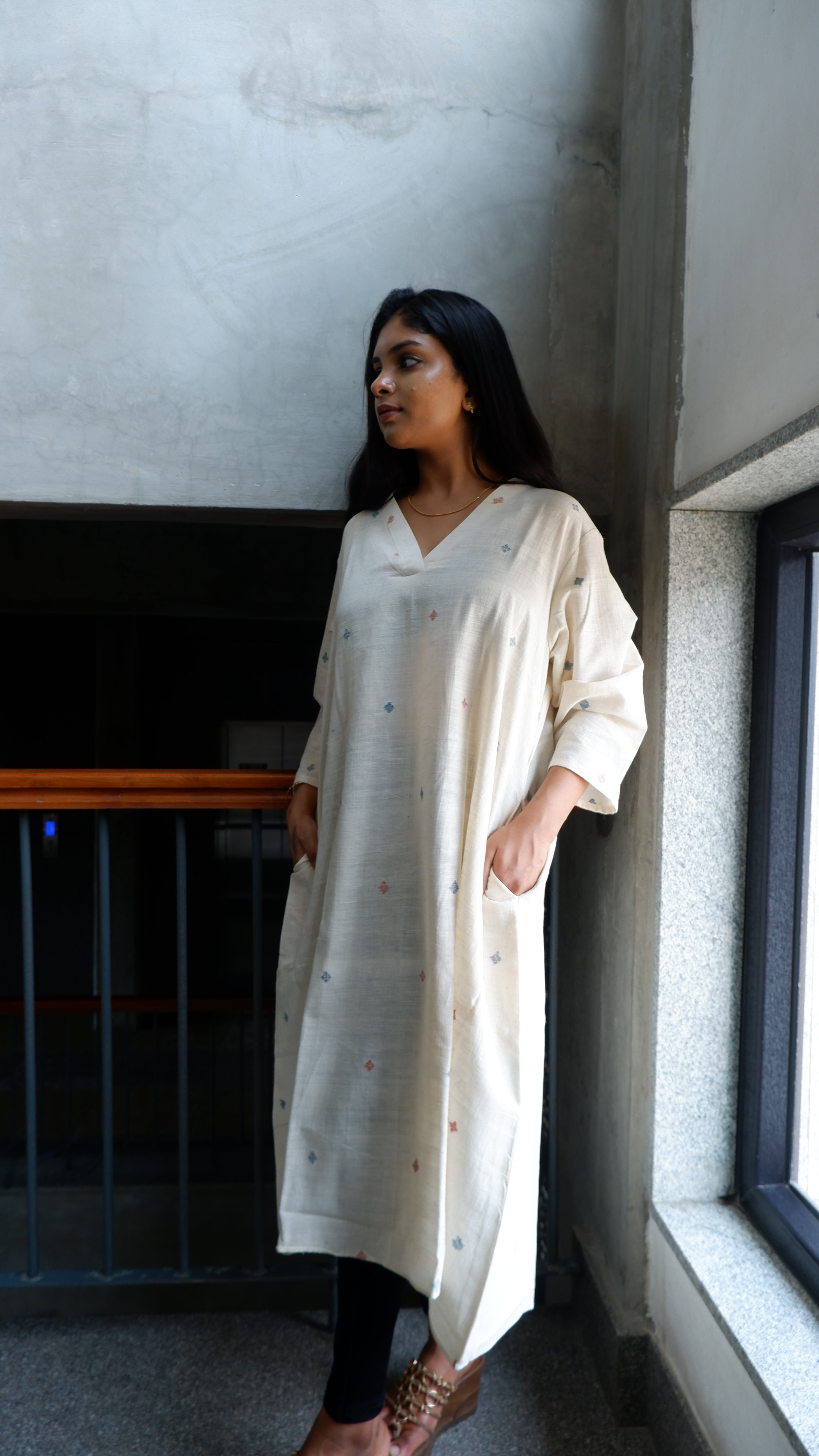 White Handloom A-line Long Kurta
