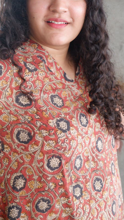 Black Flower Red Kalamkari A-line Long Kurta