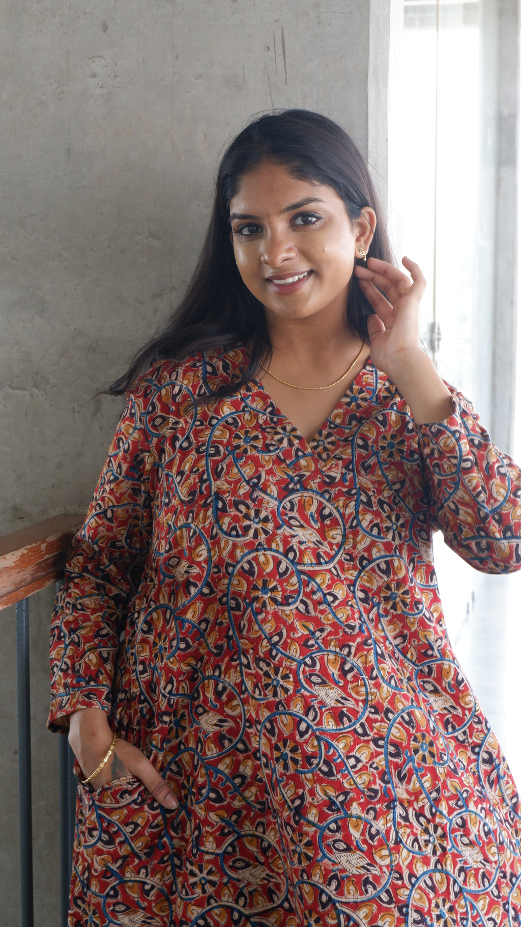 Red Floral Kalamkari A-line Long Kurta