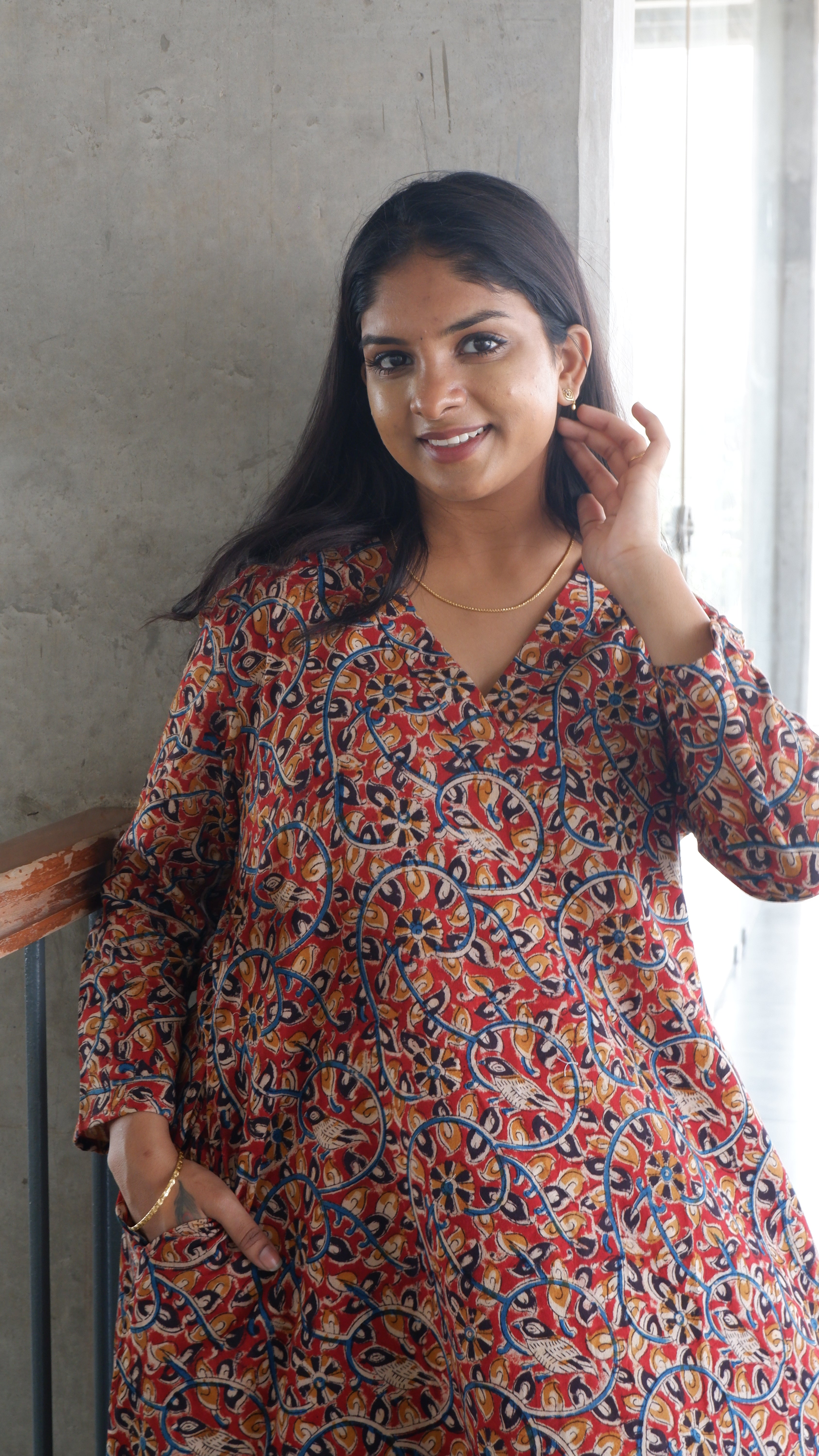 Red Floral Kalamkari A-line Long Kurta
