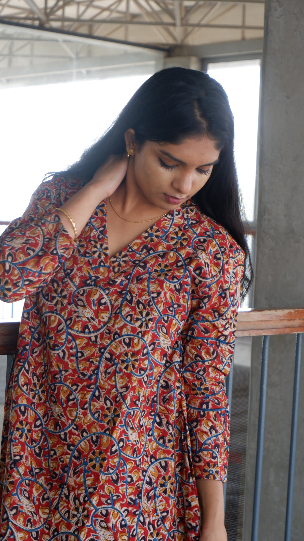 Red Floral Kalamkari A-line Long Kurta