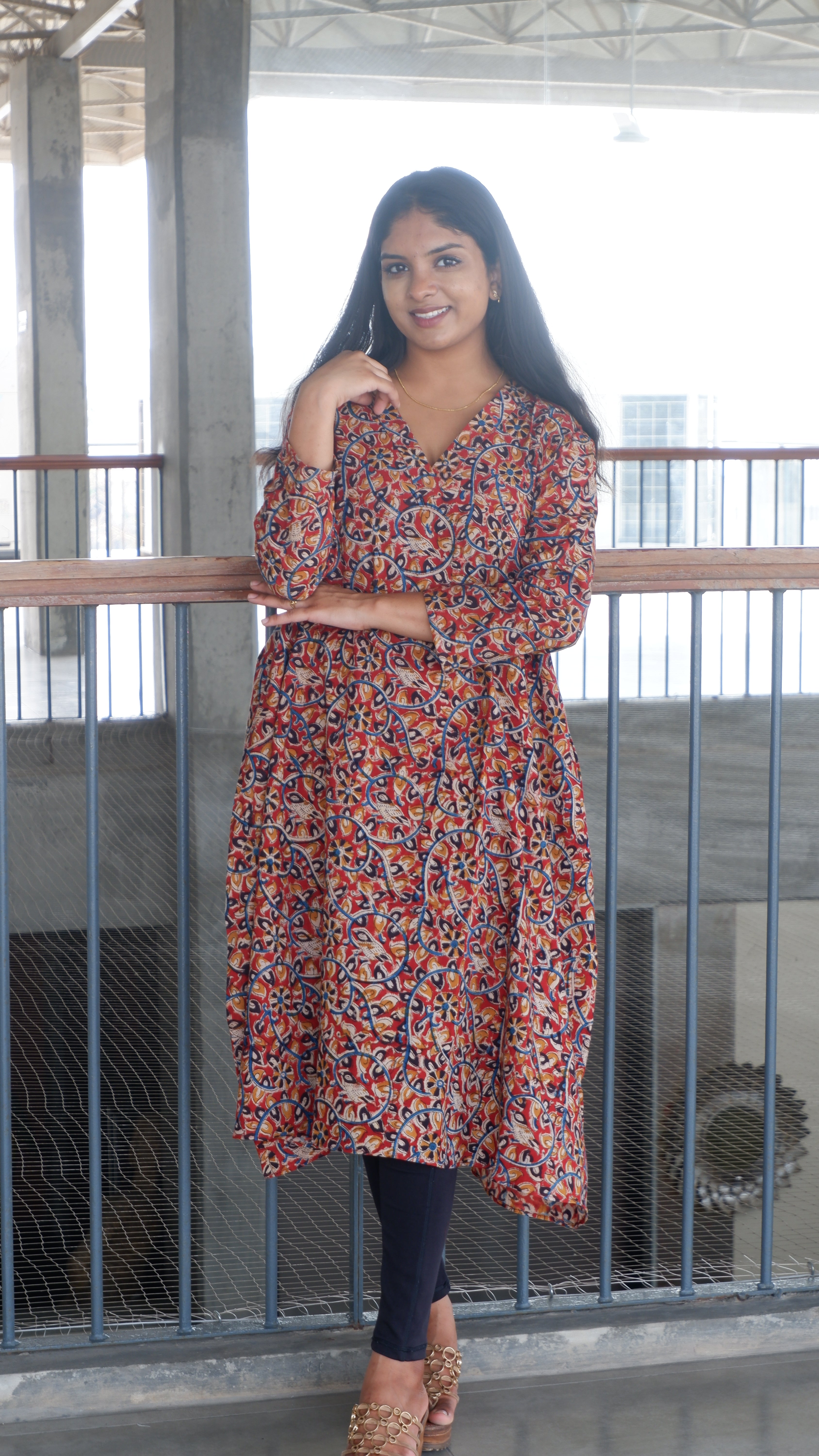 Red Floral Kalamkari A-line Long Kurta