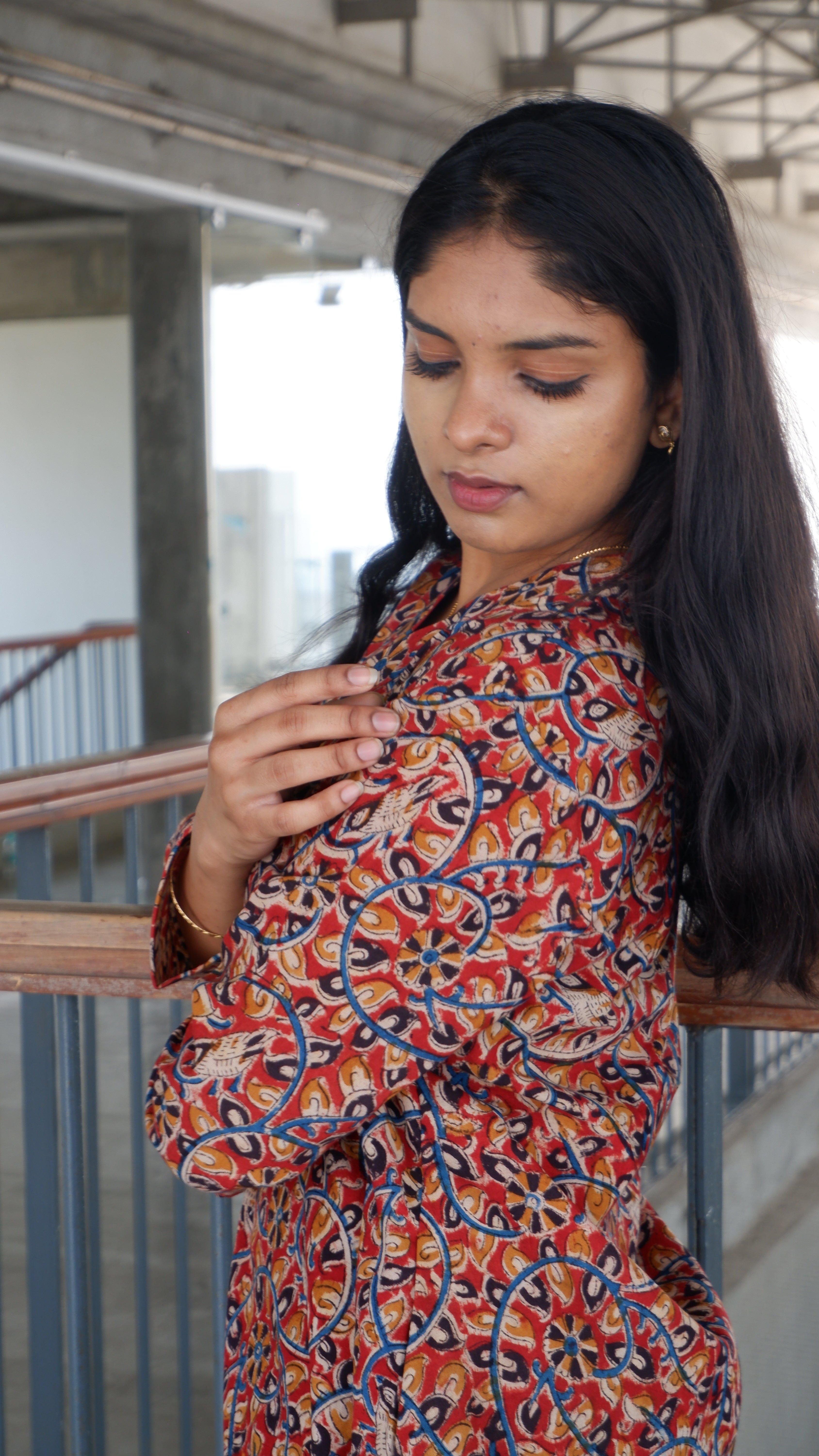 Red Floral Kalamkari A-line Long Kurta