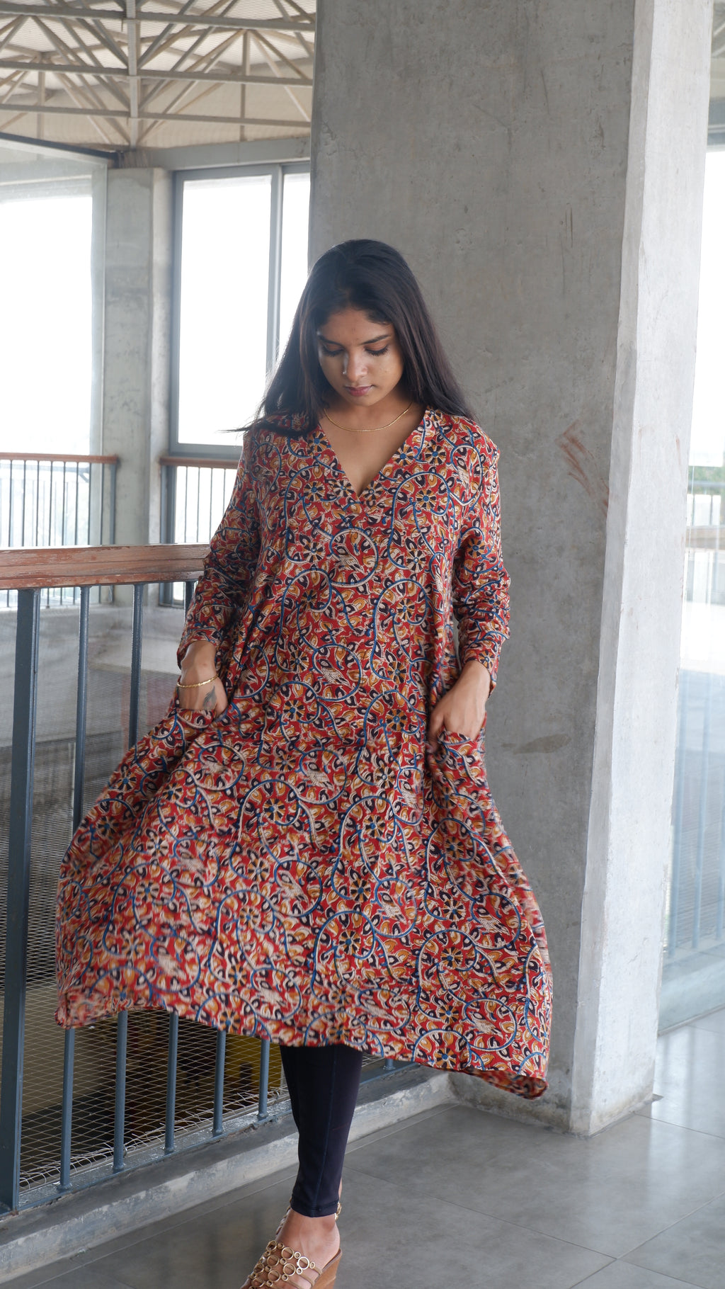Red Floral Kalamkari A-line Long Kurta