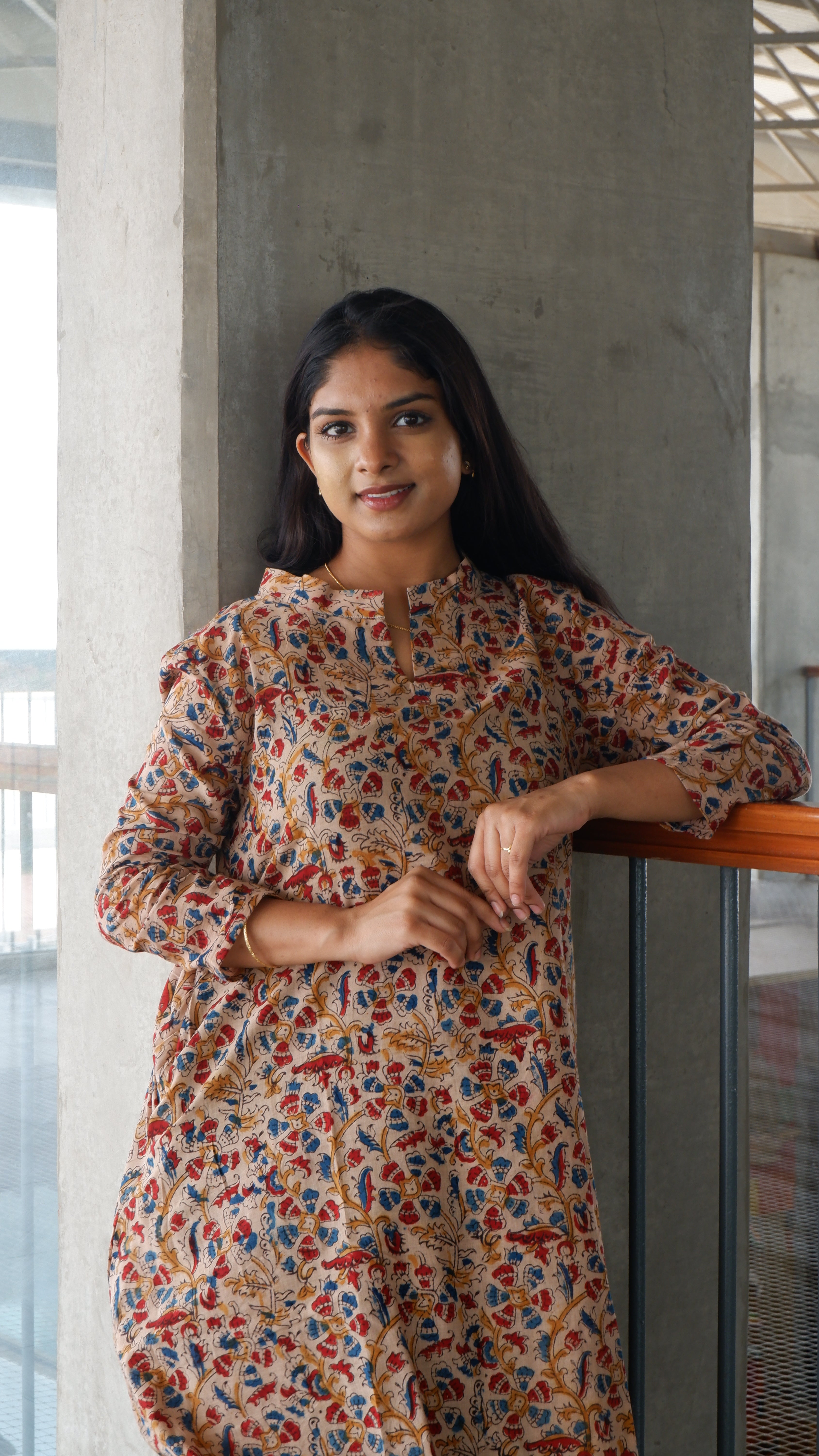 Cream Floral Kalamkari A-line Long Kurta