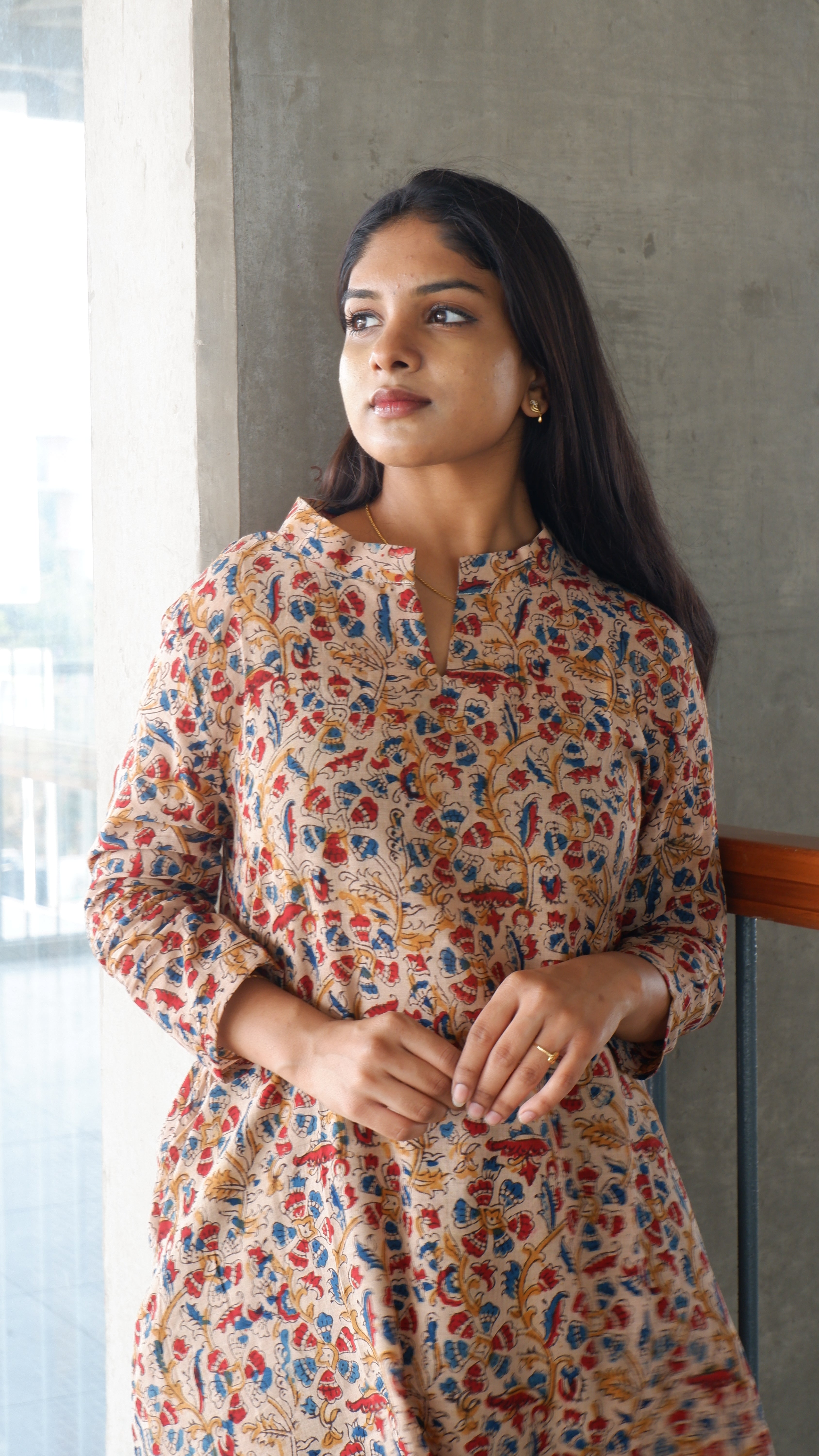 Cream Floral Kalamkari A-line Long Kurta