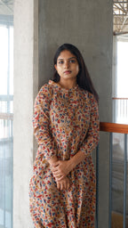 Cream Floral Kalamkari A-line Long Kurta