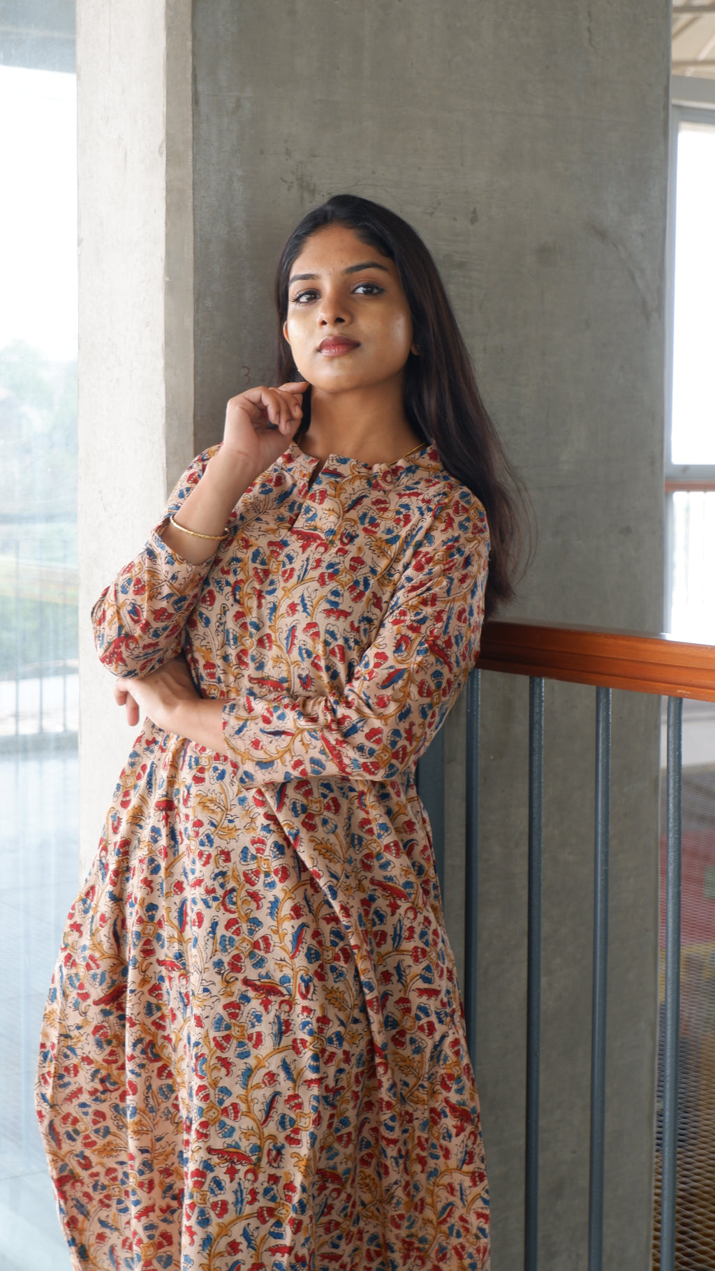 Cream Floral Kalamkari A-line Long Kurta